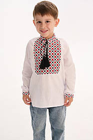 Біла вишиванка на хлопчика з вишивкою орнаменту на грудях у червоно-чорному кольорі