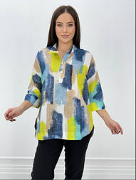Сорочка жіноча модна льон, короткий рукав, планка на ґудзиках, комір відкладний, яскравий принт