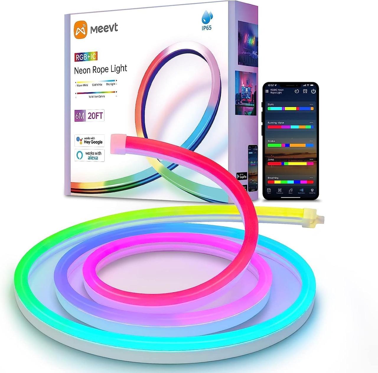 RGB +IC неоновий світловий шнур 20 футів, багаторежимний, зміна кольорів, застосунок/пульт дистанційного керування