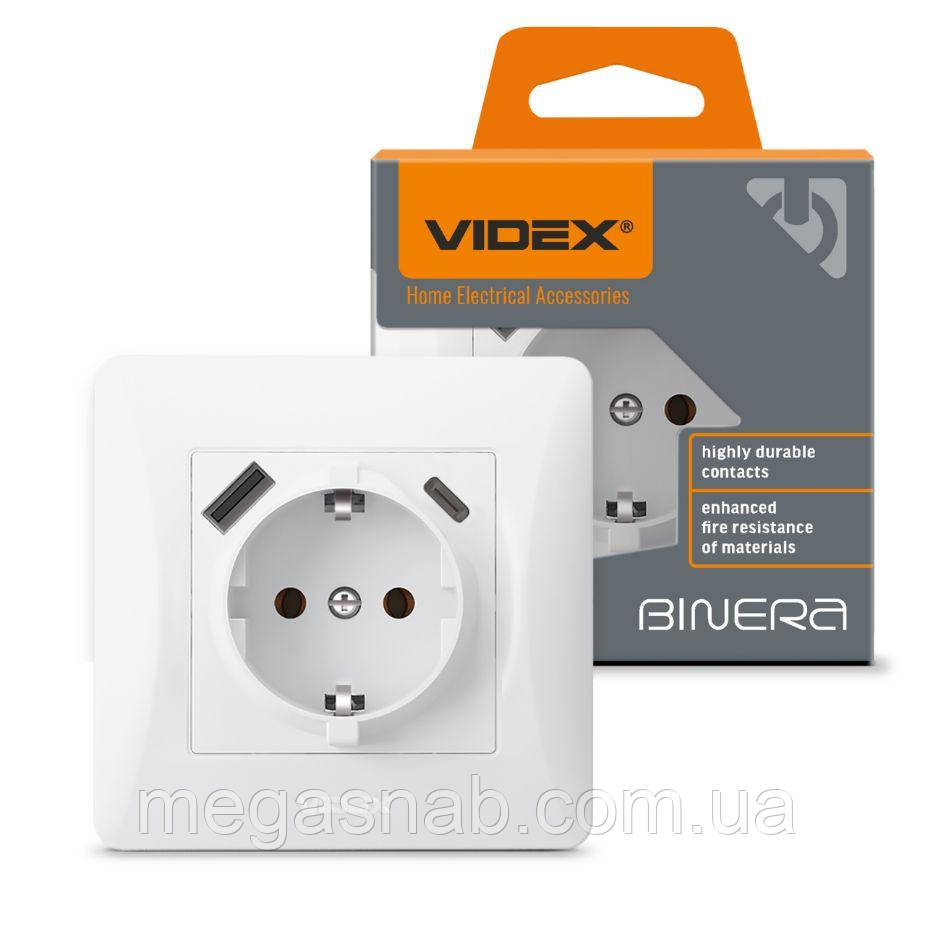 Розетка одинарна з/к з USB+USB-C біла VIDEX BINERA