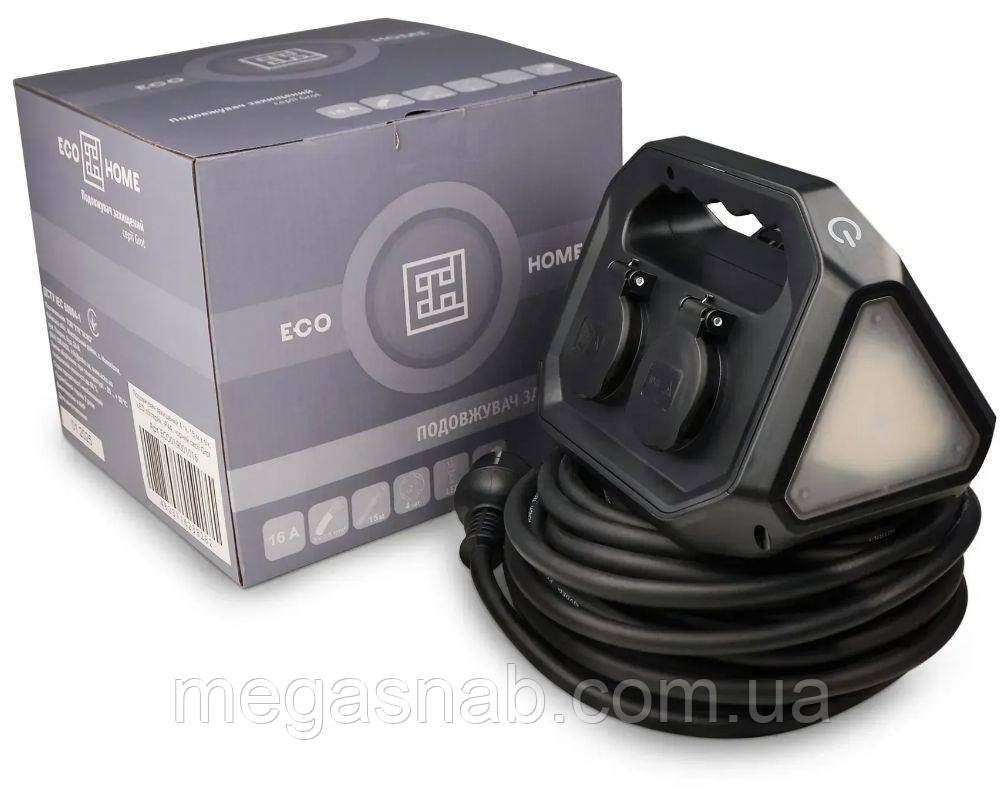 Подовжувач захищений 4 гн. 15 м з з/к, LED ліхтарик, ІР44, чорний сері Grot, фото 1