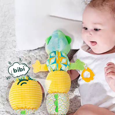 Сенсорна іграшка дитині М'яка шарудіння Хамелеон з прорізувачем 3в1 Брязкальце ростомір і дзвіночок пищалка