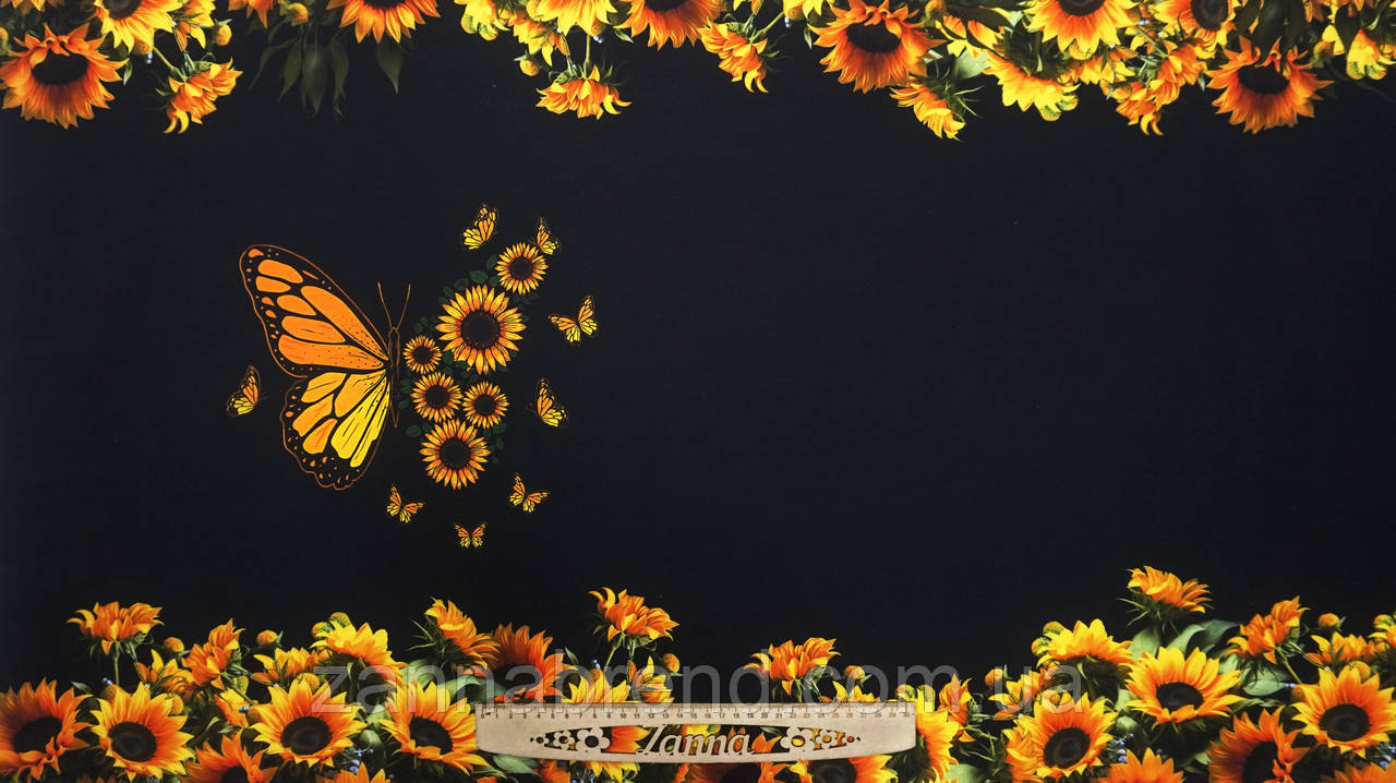 Стрейч-кулір (Супрем) колір чорно-жовтий Купон 69 × 180 см "Сонячний політ" (Туреччина), фото 1