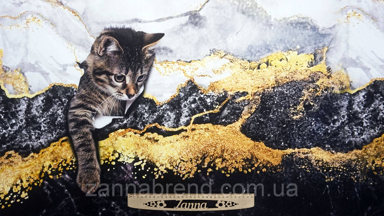 Стрейч-кулір (Супрем) колір сіро-золотий Купон 69 × 180 см "Цікаве кошеня" (Туреччина), фото 1