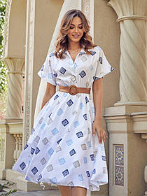 Розкльошена літня сукня-сорочка міді з поясом і ґудзиками 44-54 розміри біла