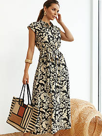 Лляна сукня - сорочка міді з кишенями та поясом з принтом 46-52 розміри чорна