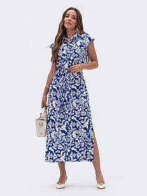 Лляна сукня - сорочка міді з кишенями та поясом з принтом 46-52 розміри синя