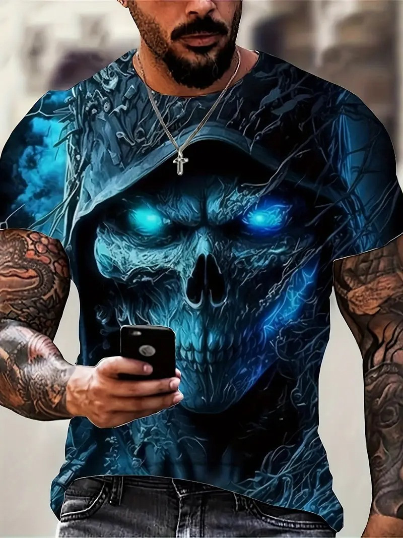 Футболка чоловіча 3D принт Страшний череп у капюшоні термо дихаюча літня XL 54, фото 1