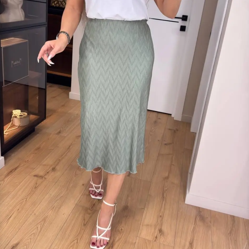 Літня жіноча спідниця міді із завищеною талією оливкова довга спідниця з хвилястого плісе, фото 1