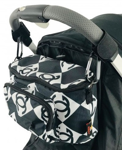 Сумка на коляску Baby Go з водовідштовхувальним покриттям та карабінами (чорна з білим 30×18×13 см), фото 1