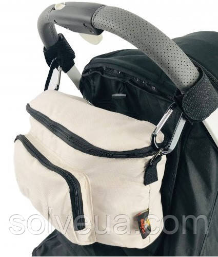 Сумка на коляску Adamex з водовідштовхувальним покриттям та карабінами (бежева, 30×18×13 см).solve, фото 1