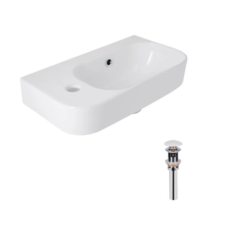 Комплект Qtap Tern: Раковина підвісна прамокутна ліва 450х250х158 мм White + Донний клапан PU02O, фото 1