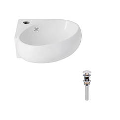 Комплект Qtap Leo N: Раковина підвісна угловая овальна 380x360x130 мм WHITE + Донний клапан PU02O