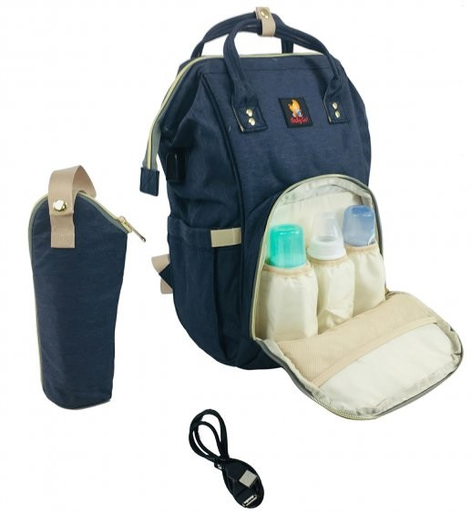Сумка-рюкзак для мами Синій 2 в 1 + термосумка+USB+карабіни Baby GO, фото 1