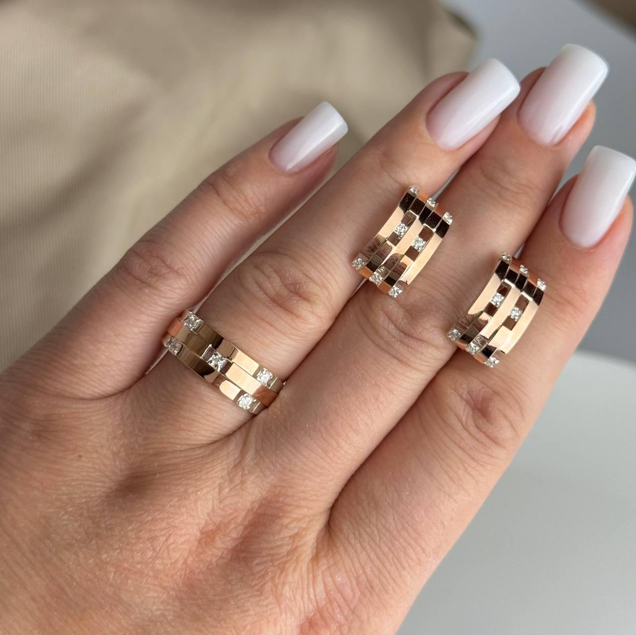 Срібний комплект з золотими пластинами Сережки Каблучка