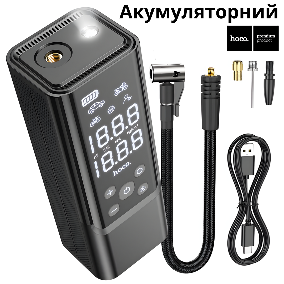 Компресор для велосипеда машини мотоцикла акумуляторний для підкачки шин Електронасос Hoco 5000mAh Type-C
