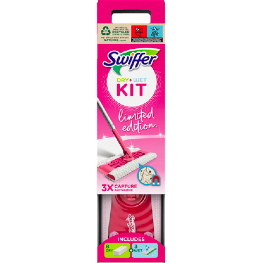 Швабра зі змінними серветками Swiffer kit Pink набір для прибирання (швабра, 3 вологі серветки та 8 сухих), фото 1