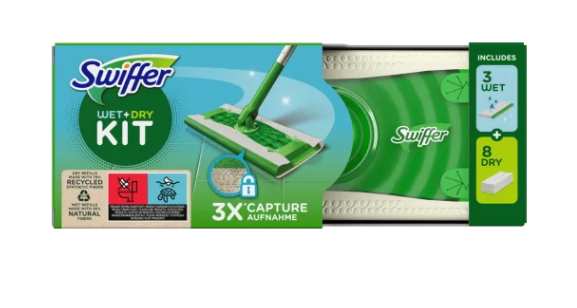 Швабра зі змінними серветками Swiffer kit набір для прибирання (швабра, 3 вологі серветки та 8 сухих)