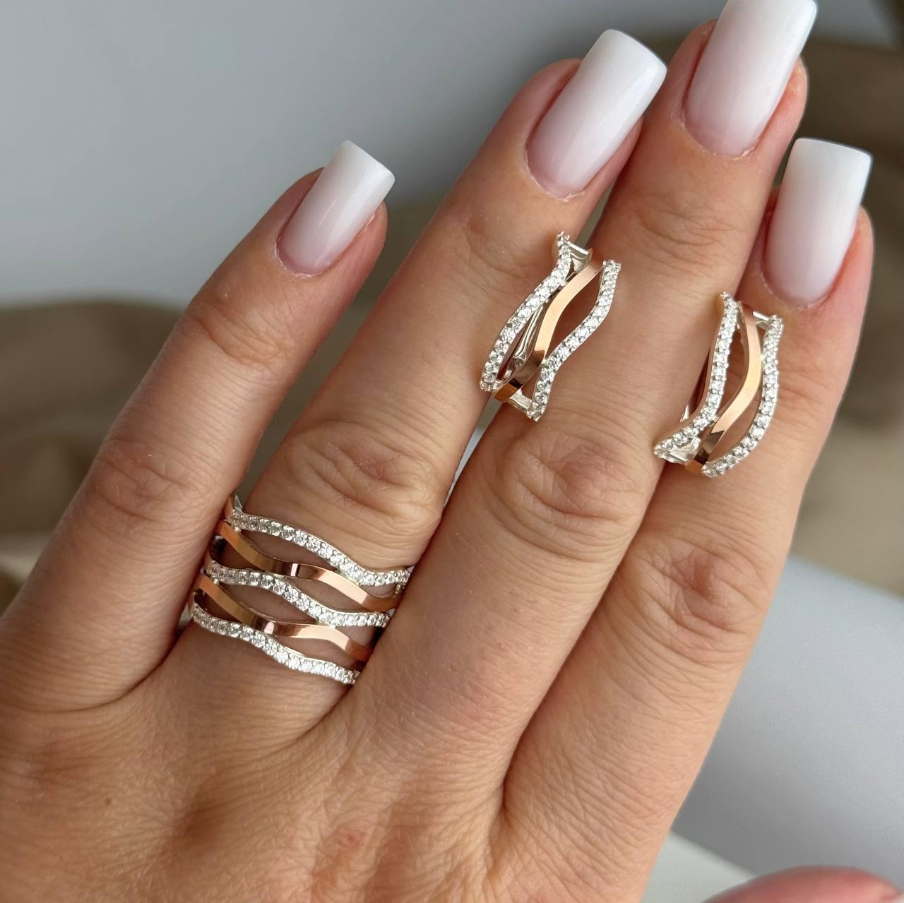 Срібний комплект з золотими пластинами Сережки Каблучка