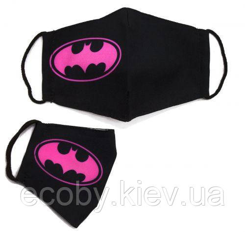 Багаторазова 4-шарова захисна маска "Бетмен" розмір 3, 7-14 років, чорно-рожева, фото 1