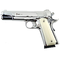 Стартовий пістолет Kuzey 911 shiny chrome, білі ручки, з дод. магазином (Colt 1911)