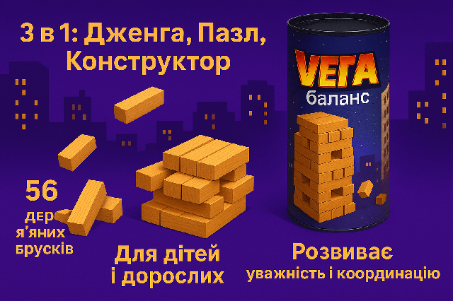  Настільна баштова гра «Вега» (Jenga), 3 в 1 - дерев'яні бруски, конструктор