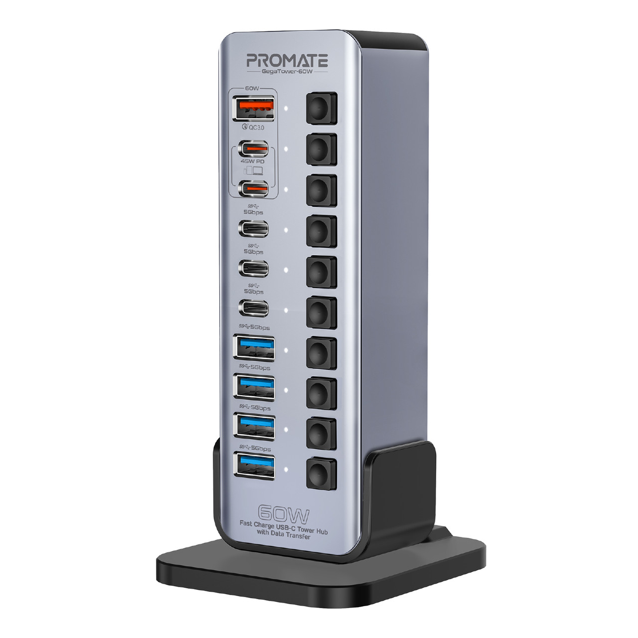 USB-C хаб 10-в-1 Promate GegaTower-60W Grey (gegatower-60w)