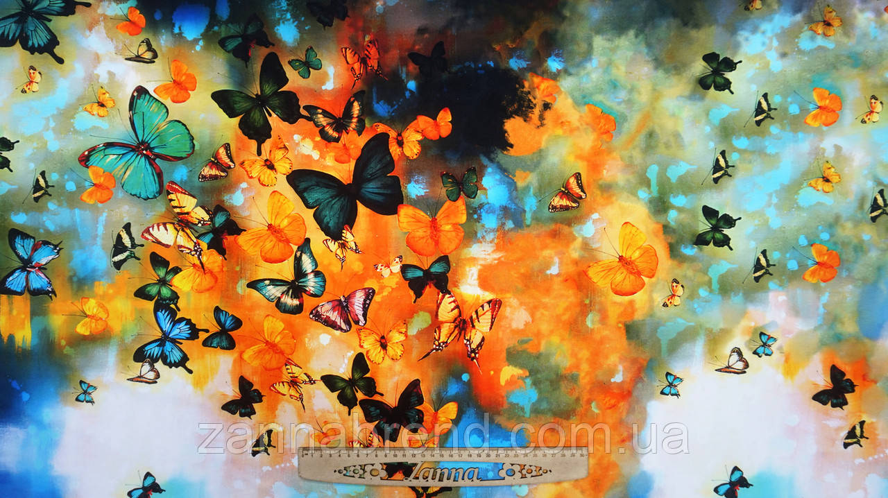 Стрейч-кулір (Супрем) різнокольоровий Купон 67 × 180 см "Акварельні метелики" (Туреччина), фото 1