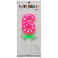 Свічка-цифра (неон) із серцем "6", 5 см