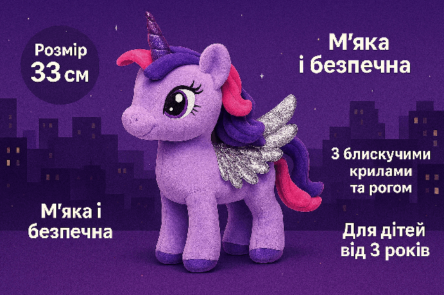  М'яка іграшка Єдиноріг Принцеса Іскорка 33 см - фіолетова з крилами та блискучим рогом