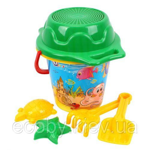 Іграшка "Набір пісочний ТехноК" — відро, лопатка, граблі, сито 2 формочки, фото 1