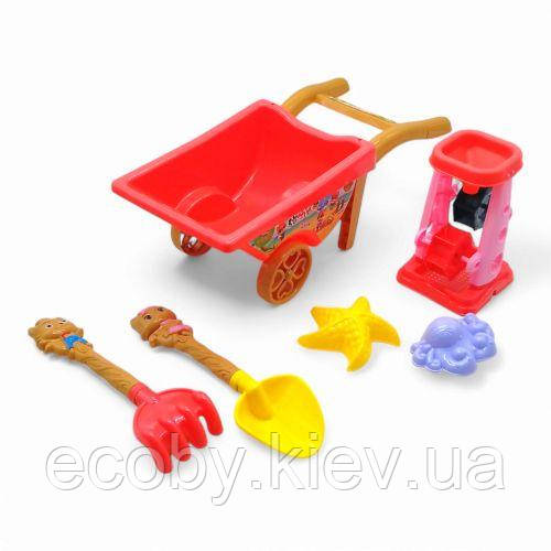 Пісочний набір 6 елементів — тачка, млин, лопатка, граблі, 2 формочки (кораловий), фото 1