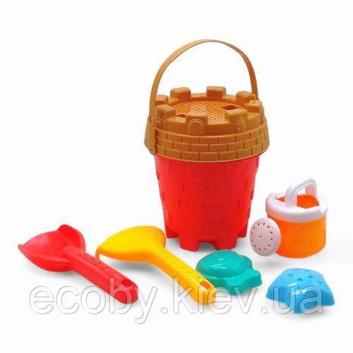 Пісочний набір 6 елементів — відро, сито, лопатка, граблі, формочки (кораловий), фото 1