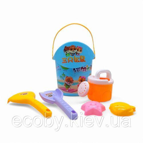Пісочний набір 6 елементів — відро, сито, лійка, лопатка, граблі, формочки (блакитний), фото 1