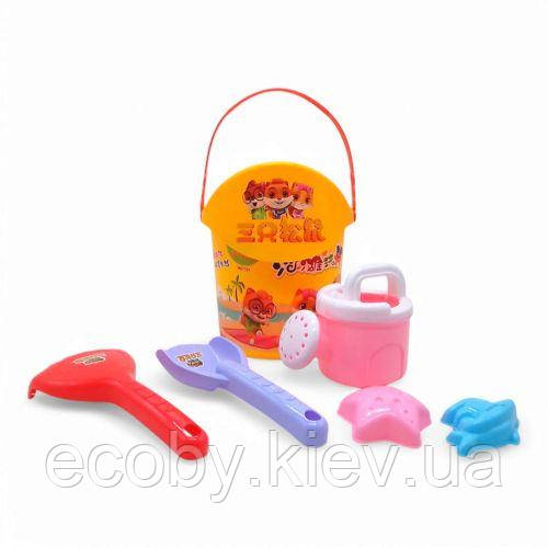Пісочний набір 6 елементів — відро, сито, лійка, лопатка, граблі, формочки (жовтий), фото 1