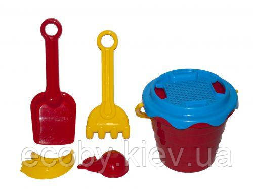 Набір пісочний "А" (відерце, сито, лопатка, грабельки, 2 пасочки), червоний, фото 1
