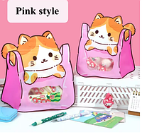 Пакет подарунковий дитячий з ручкою Котик у рожевій сумці фігурний для солодощів із зіп застібкою zip 25х26х5 см