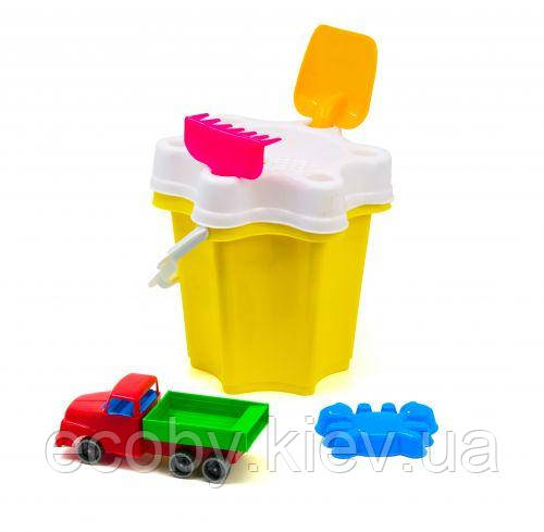 Відро "Квіточка" з машинкою і пісочним набором (жовте), фото 1