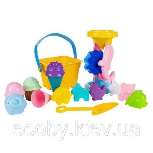 Пісочний набір великий — відро, млина, лопатка, граблі, формочки, фото 1