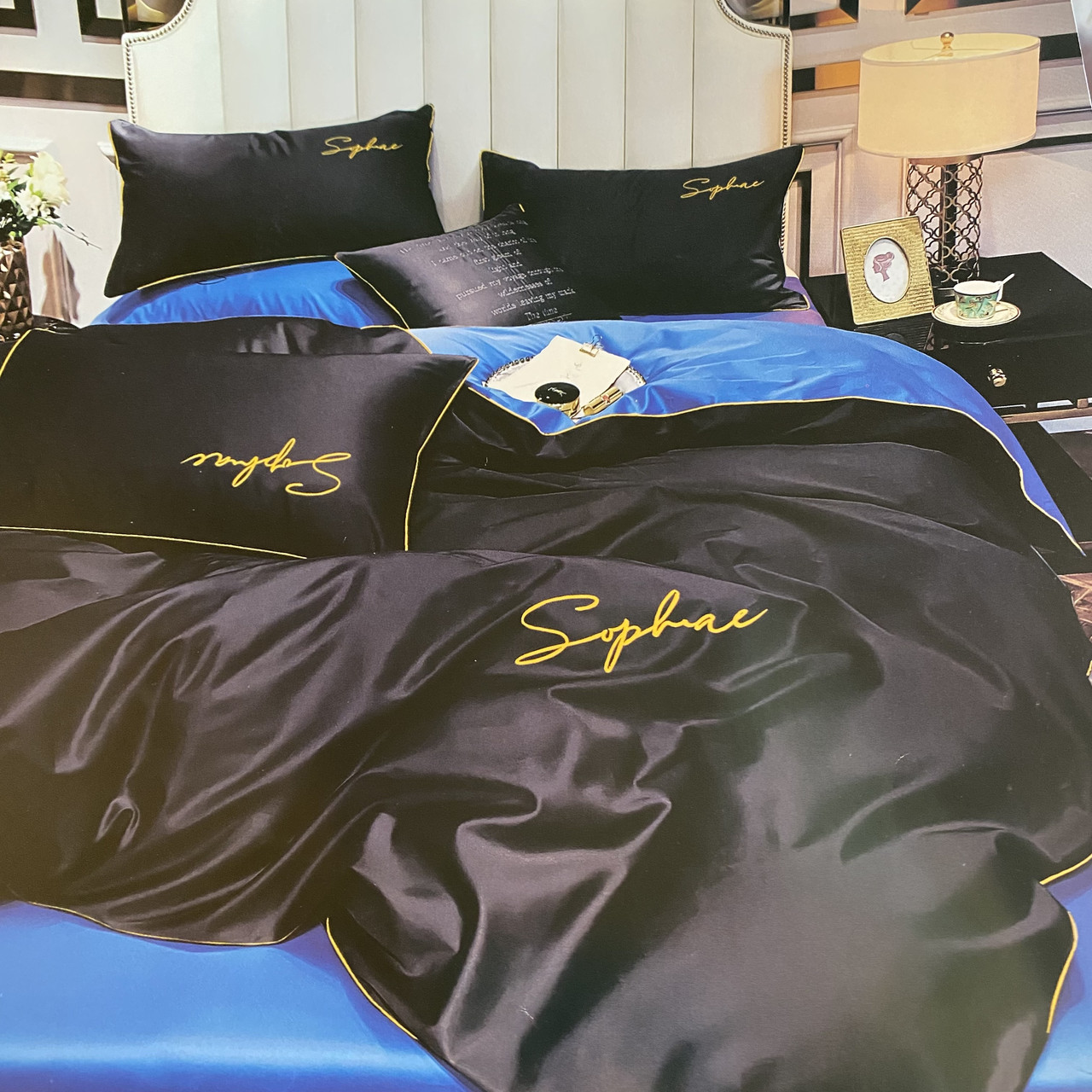 Готовий комплект сатинової постільної білизни високої якості Євро розміру, фото 1