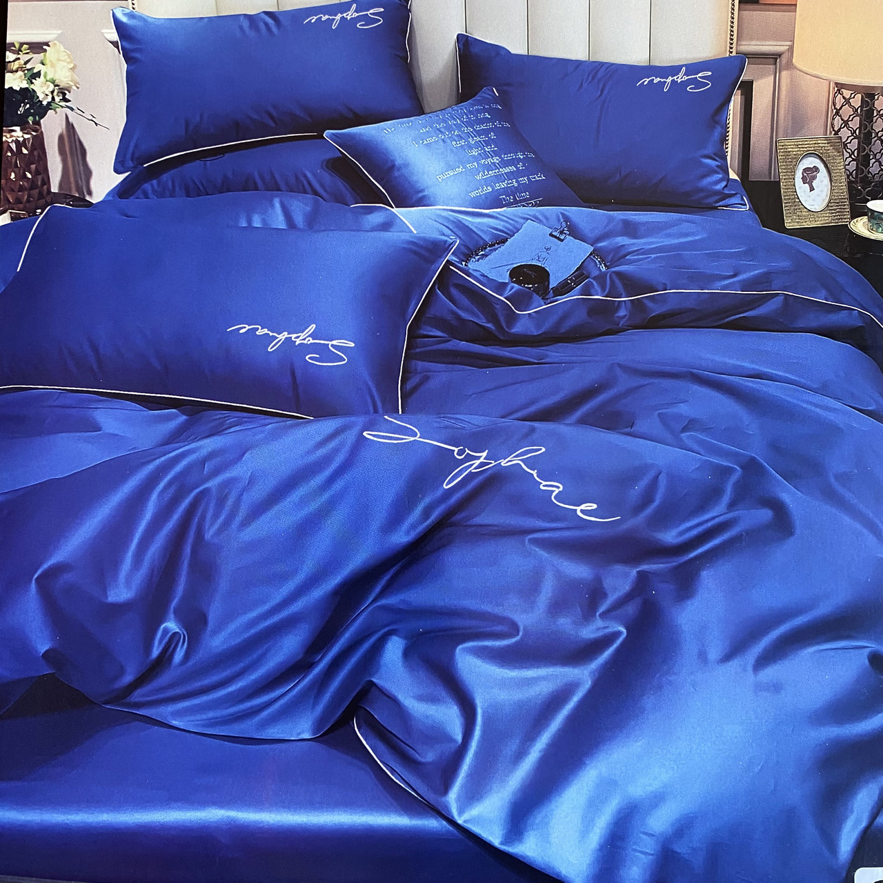 Готовий комплект сатинової постільної білизни високої якості Євро розміру, фото 1