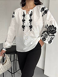 Блуза вишиванка жіноча, білого кольору з чорною вишивкою, рукава довгі широкі розміри S, M, L
