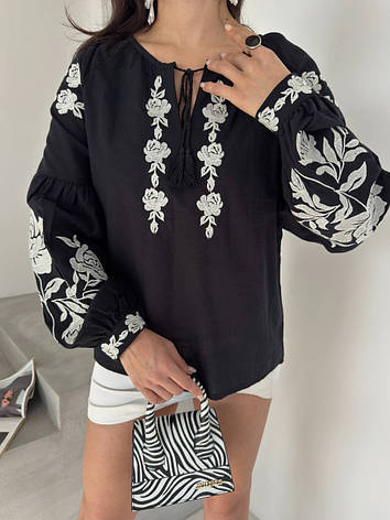 Вишиванка молодіжна блуза, сорочка, чорного кольору з білою вишивкою, широкі рукави S, M, L, фото 1