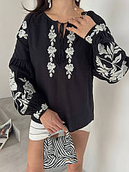 Вишиванка молодіжна блуза, сорочка, чорного кольору з білою вишивкою, широкі рукави S, M, L