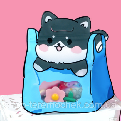 Пакет подарунковий фігурніий з ручкою песик у блакитній сумці для упаковки солодощів із зіп застібкою 20х21х5 см, фото 1