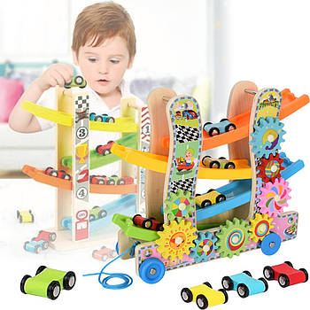 Дерев'яний автомобільний трек-каталка з шестернями та 4 шт машинок MD 2594 Кольорова