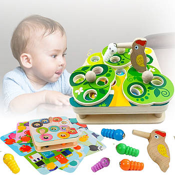 Дерев'яна магнітна гра з ловом черв'ячків та змінними картками MD 1788 Гра для розвитку рефлексів