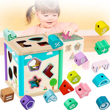 Дерев'яний сортер-куб та 15 штук різних фігурок зі шнурком MD 1889 Навчальний кубик для дітей