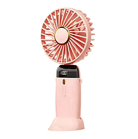 Ручной мини вентилятор аккумуляторный USB с подставкой под телефон + ремешок, 5 скоростей обдува, розовый