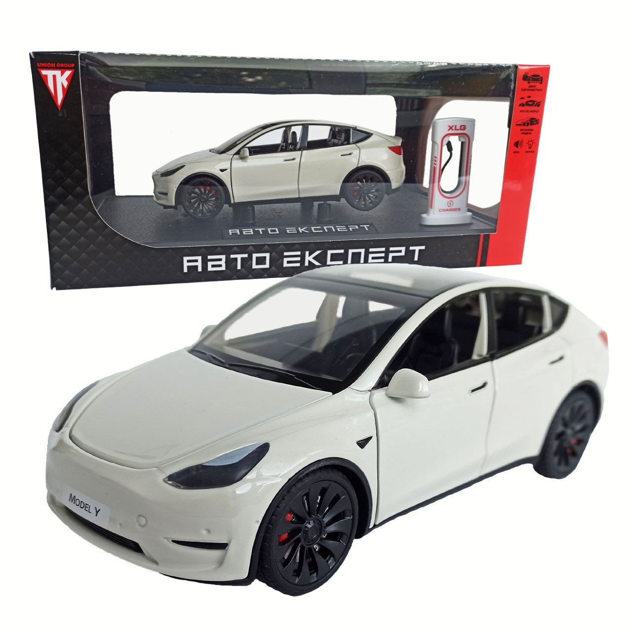 Машинка металева Tesla Model Y Електромобіль Тесла Модель Y біла 1:24 зарядна станція звук світло відч двері капот багажник гум